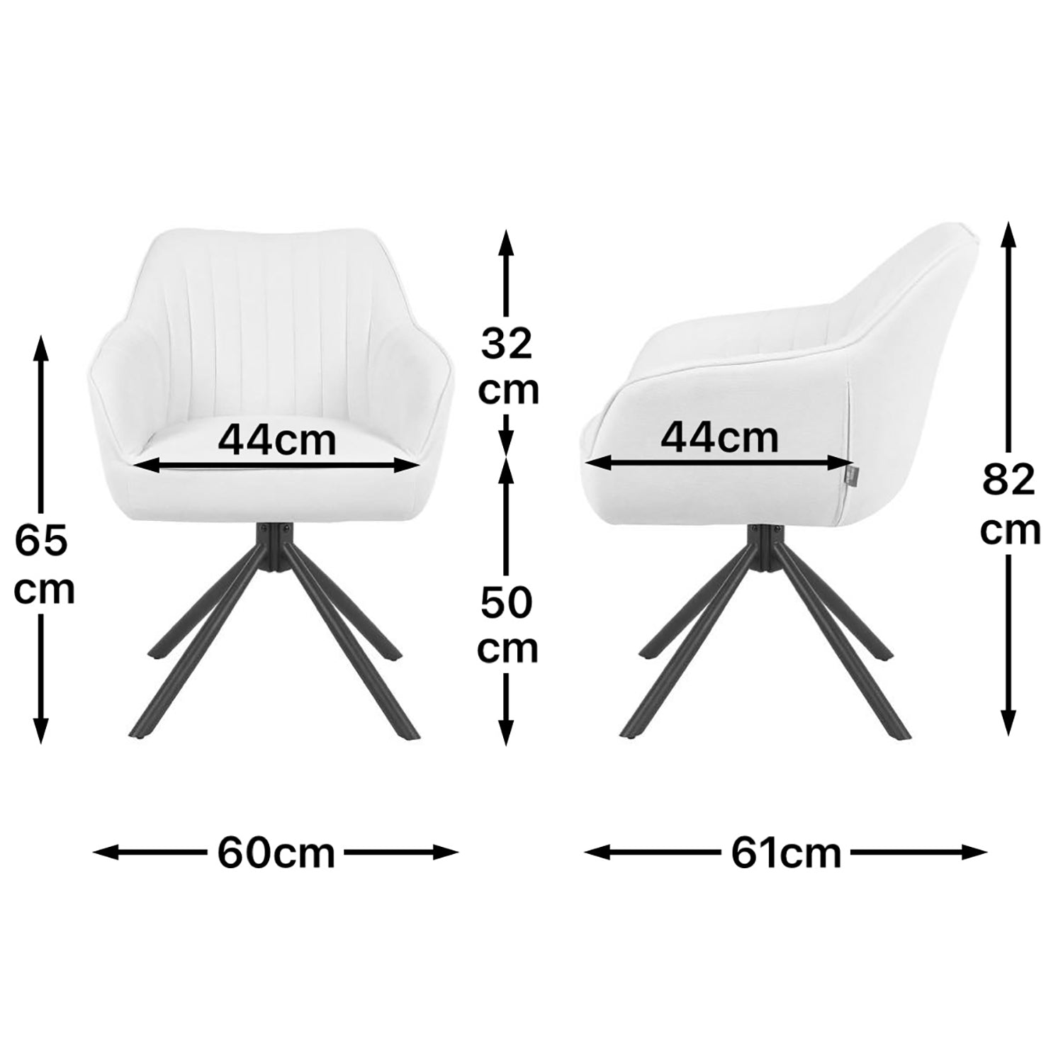 Maßbild für Esszimmerstuhl Mika-Maya 2er-Set | 360° drehbar | Metall pulverbeschichtet Matt Schwarz | DUBI Möbel