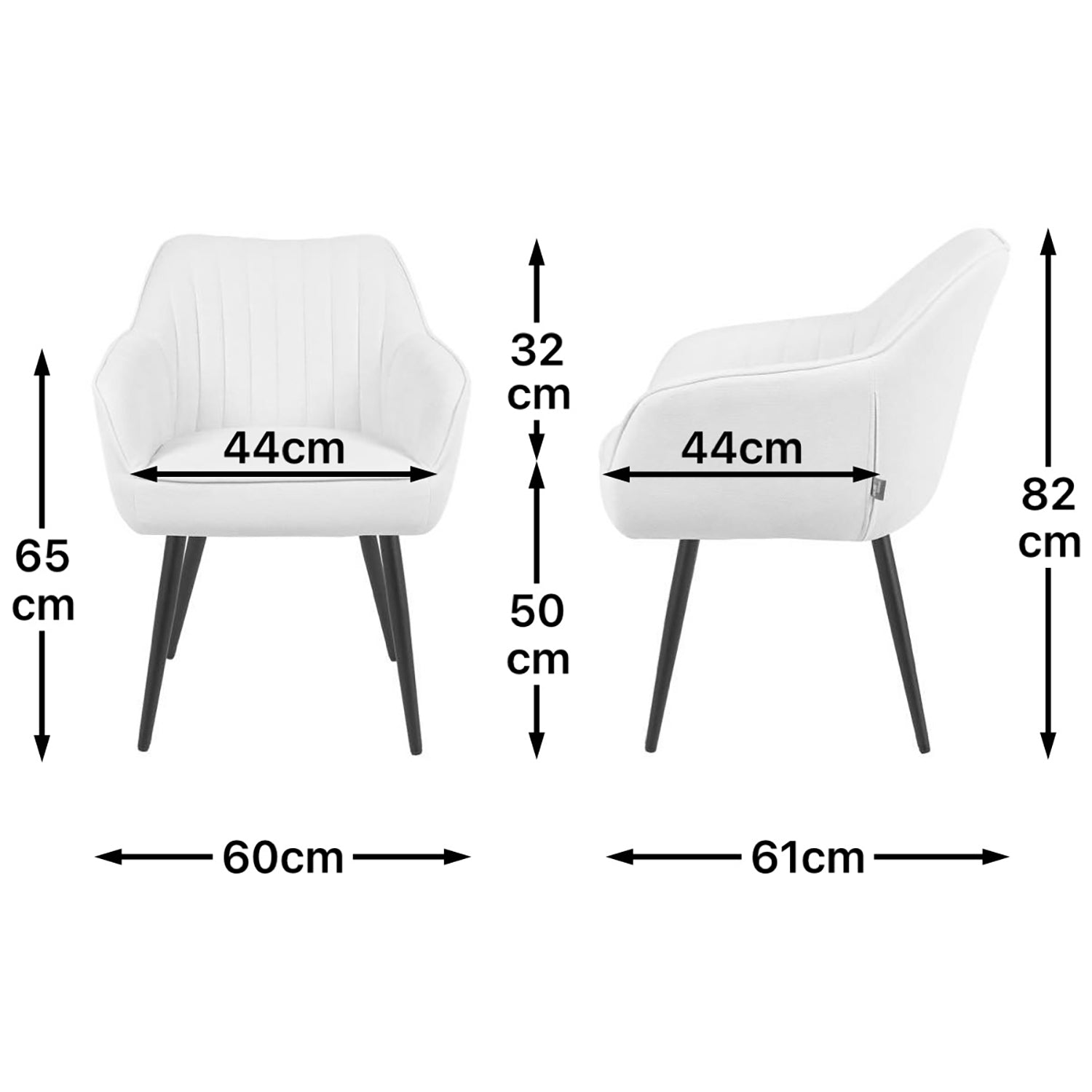 Maßbild für Esszimmerstuhl Mika-Bela 2er-Set | 4-Fuß Gestell | pulverbeschichtet Matt-Schwarz | DUBI Möbel