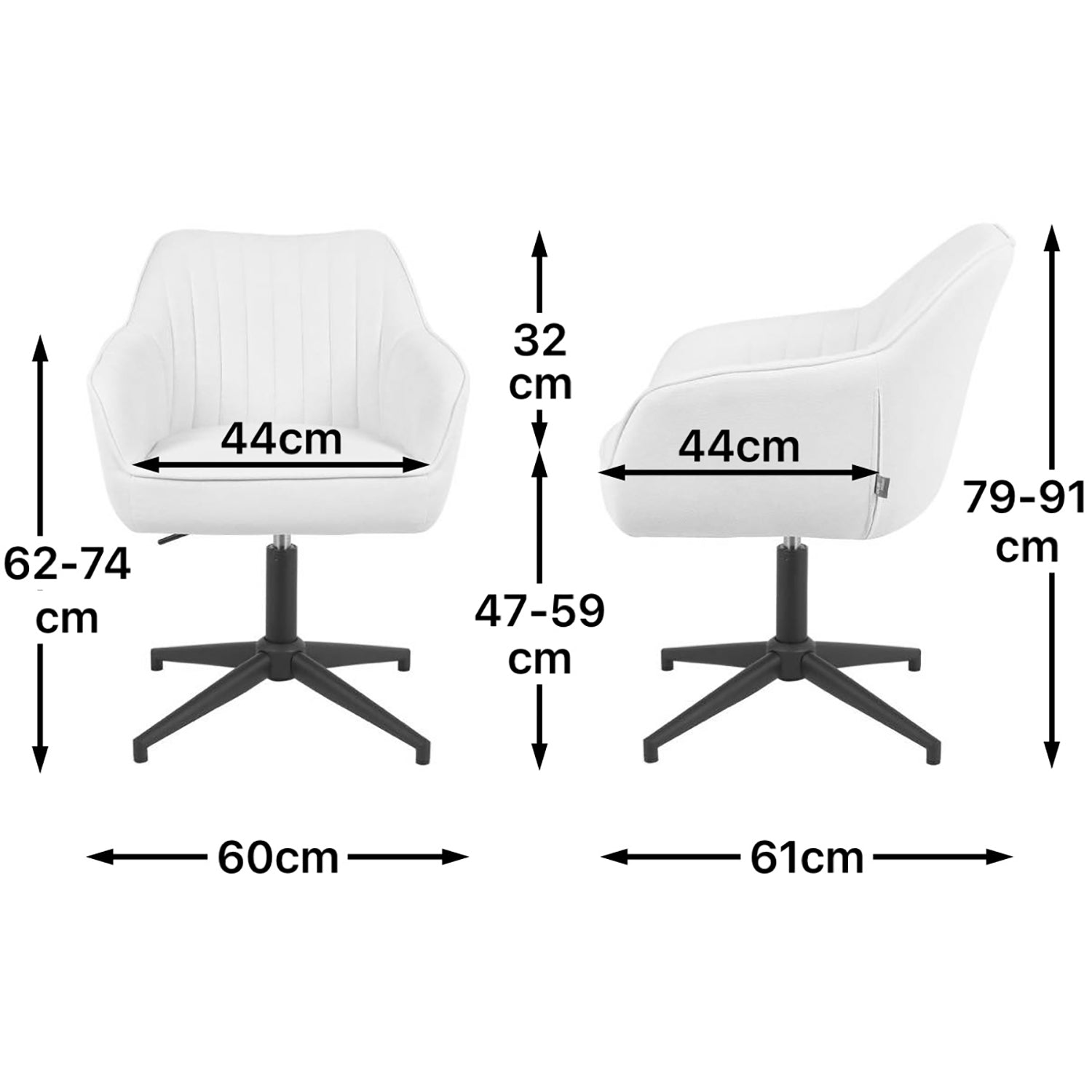 Maßbild für Esszimmerstuhl Mika-Caro 2er-Set | 360° drehbar | höhenverstellbar | Metall pulverbeschichtet Matt-Schwarz | DUBI Möbel