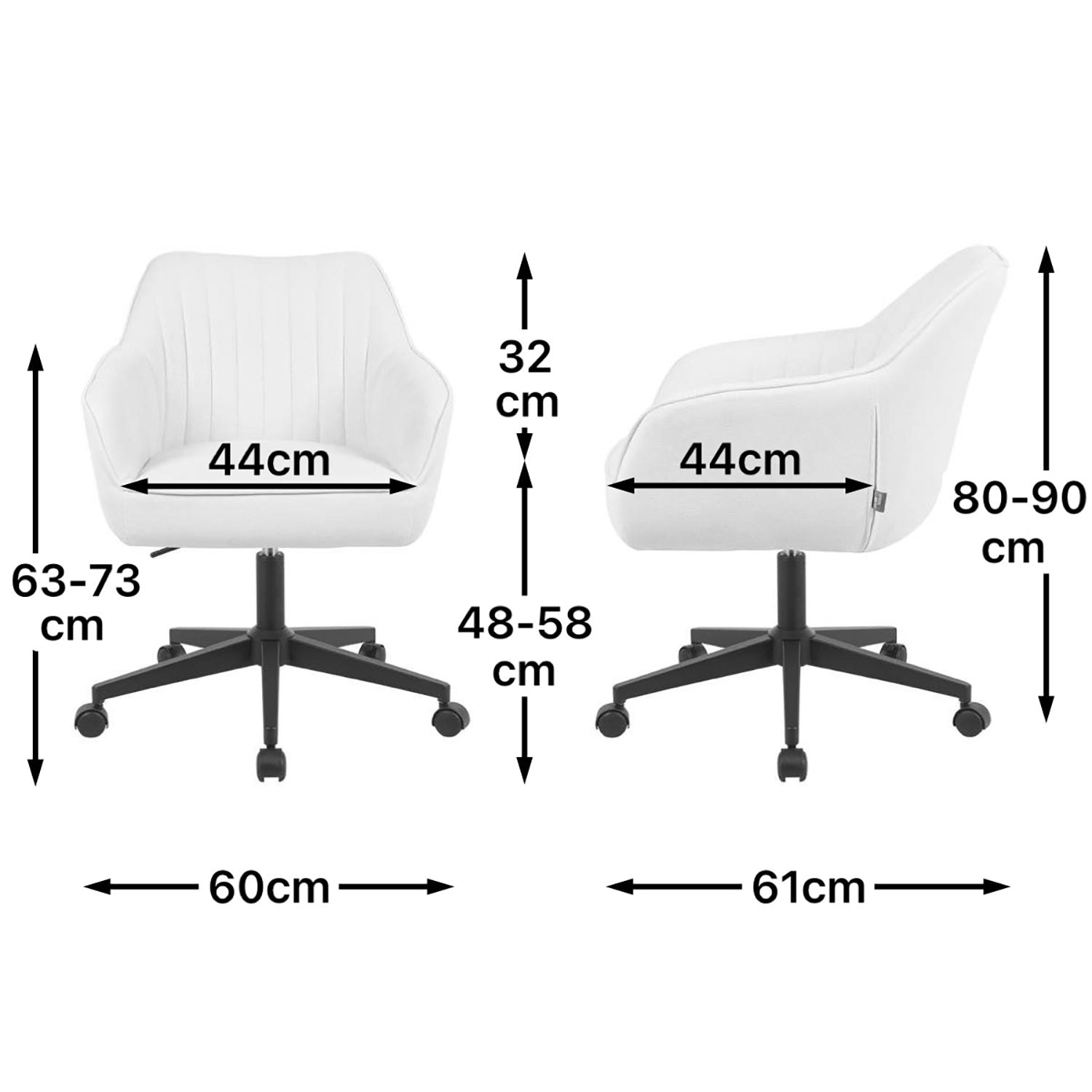 Maßbild für Bürostuhl Mika-Elio 2er-Set | mit Rollen | 360° drehbar | höhenverstellbar | pulverbeschichtet Matt-Schwarz | DUBI Möbel