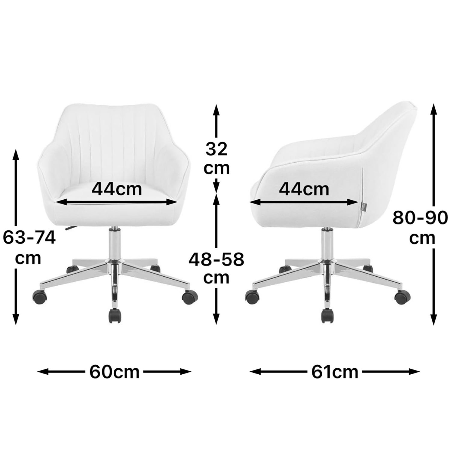 Maßbild für Bürostuhl Mika-Noel 2er-Set | mit Rollen | 360° drehbar | höhenverstellbar | Chrom | DUBI Möbel