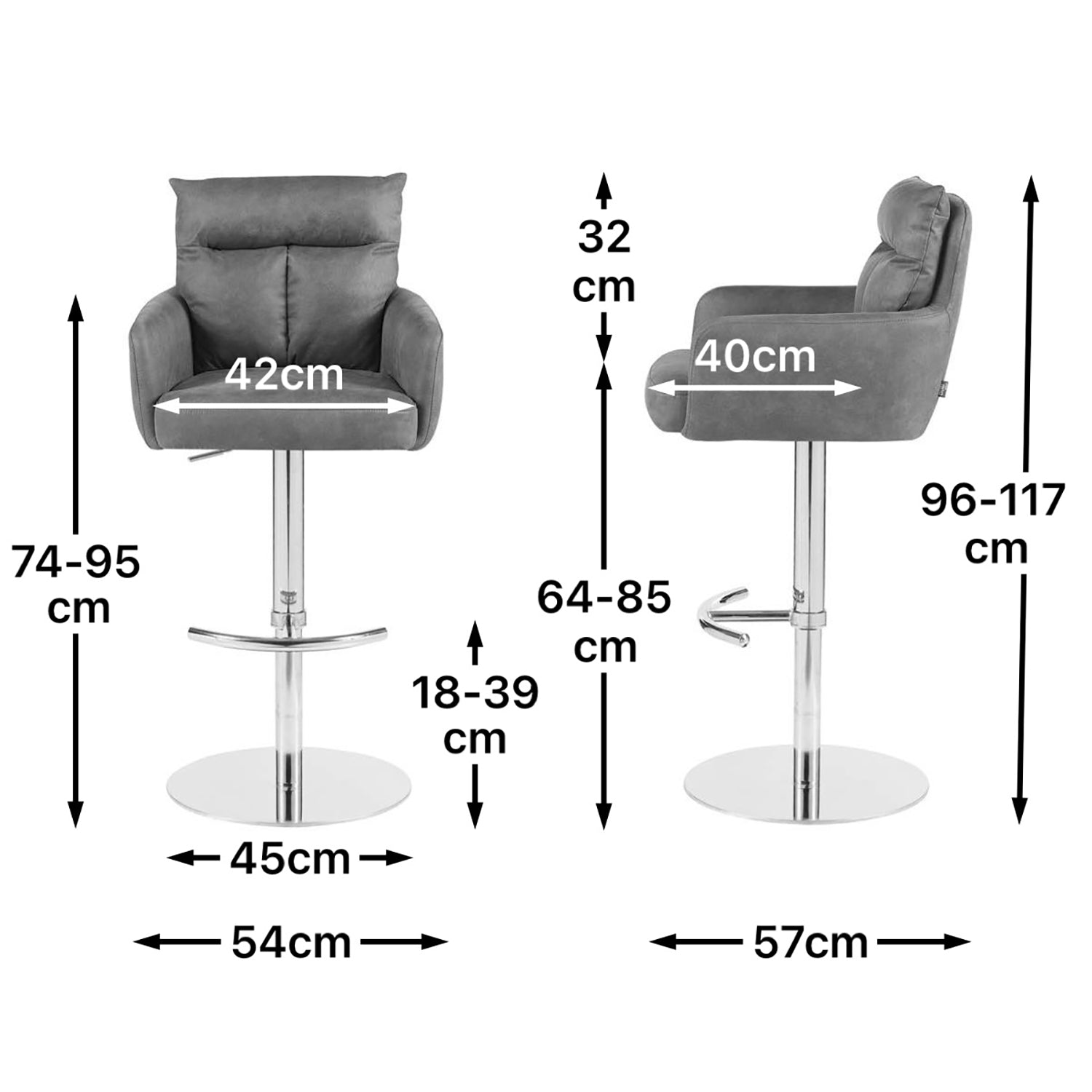 Maßbild für Barhocker Leo 2er-Set | Chromgestell höhenverstellbar | drehbar | DUBI Möbel