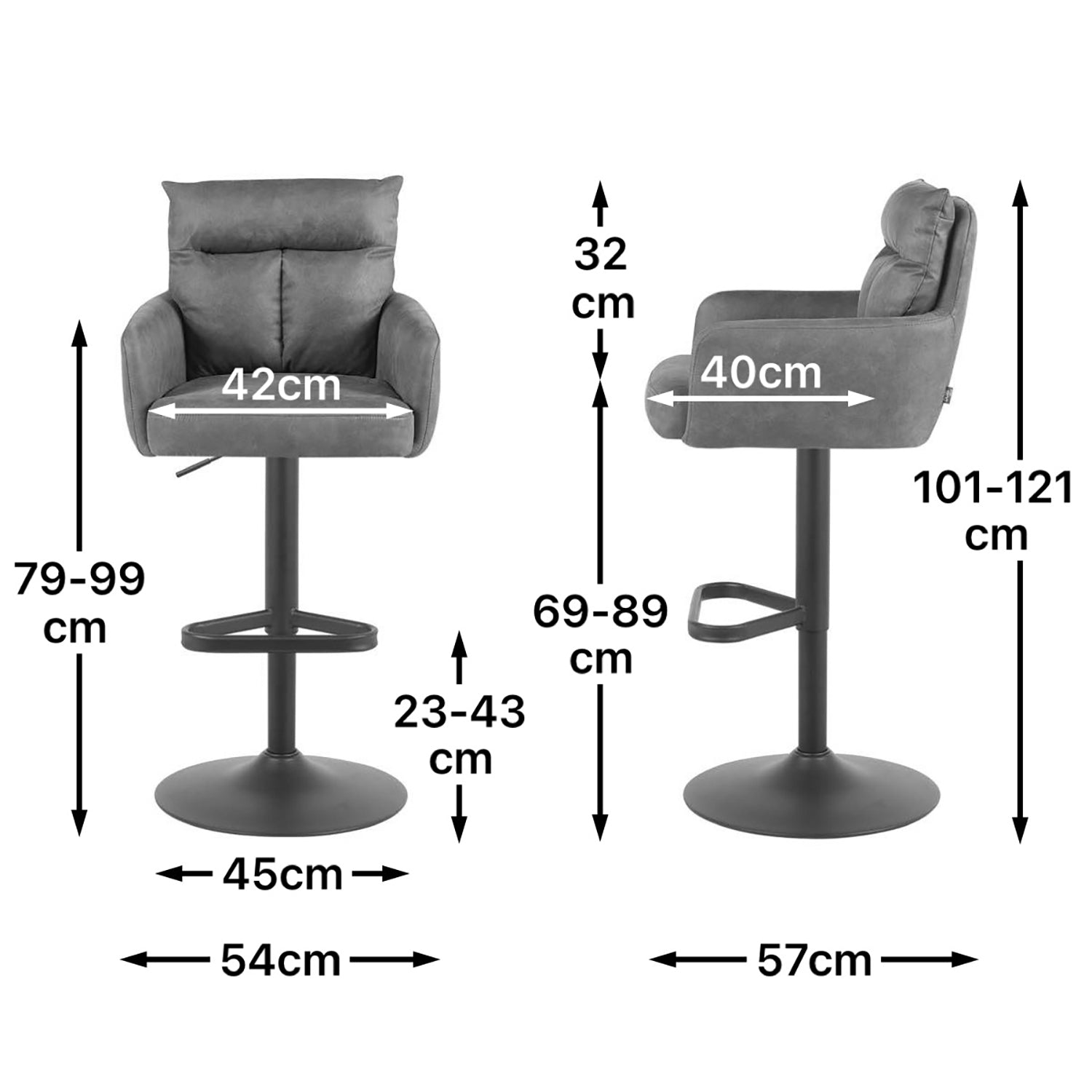 Maßbild für Barhocker Aris 2er-Set | Gestell Matt-Schwarz | drehbar | höhenverstellbar | DUBI Möbel