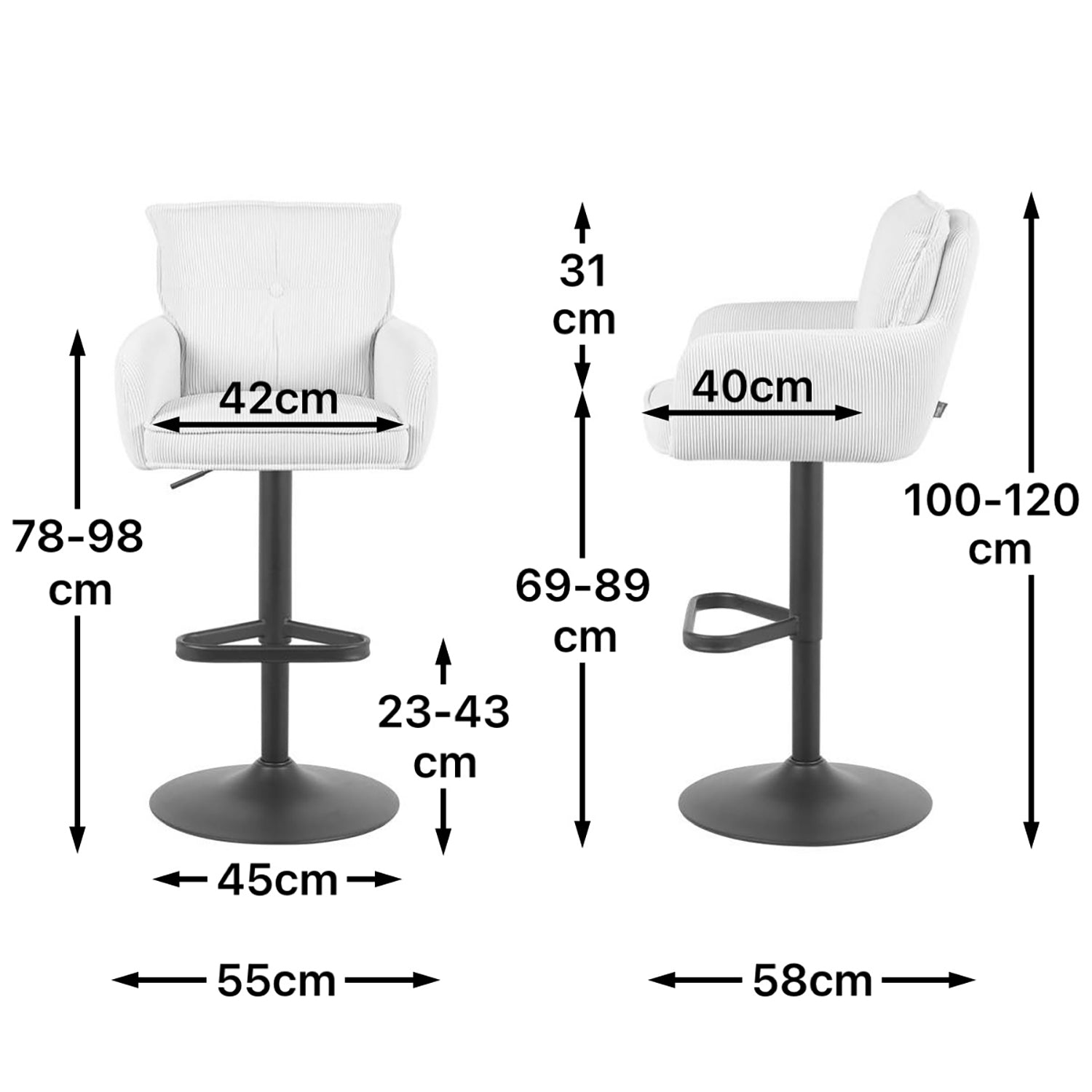 Maßbild für Barhocker Nova 2er-Set | Gestell Matt-Schwarz | drehbar | höhenverstellbar | DUBI Möbel