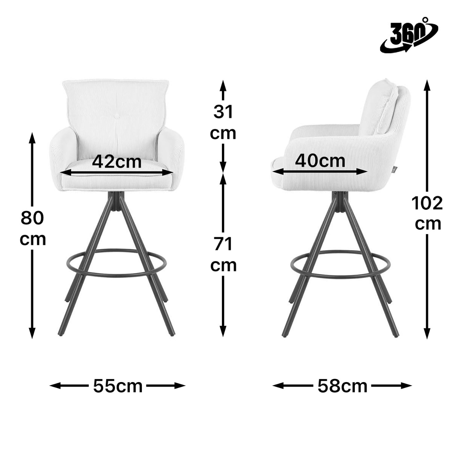 Maßbild für Barhocker Nila 2er-Set | Gestell Matt-Schwarz | drehbar | DUBI Möbel