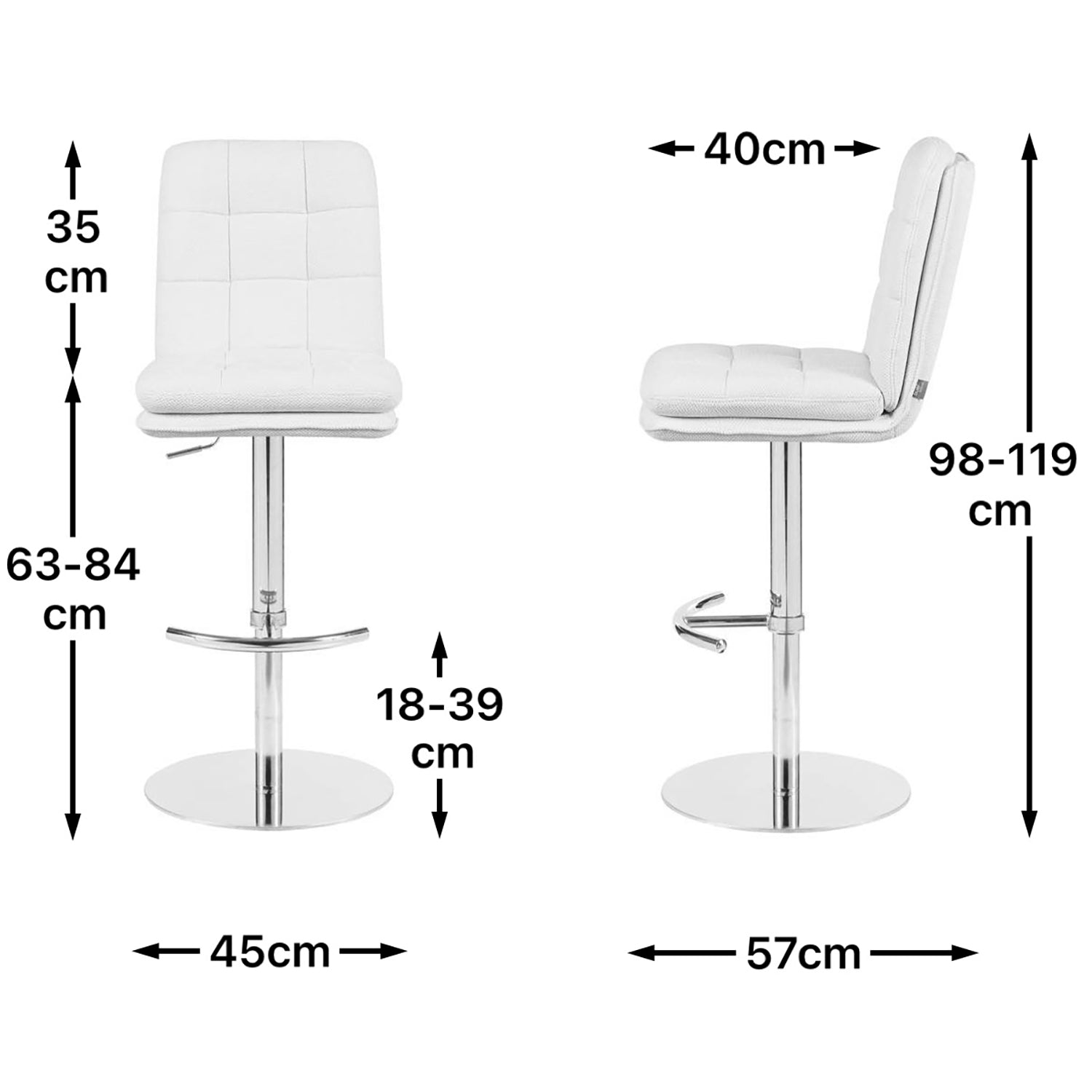 Maßbild für Barhocker Juno 2er-Set | Chromgestell höhenverstellbar | drehbar | DUBI Möbel