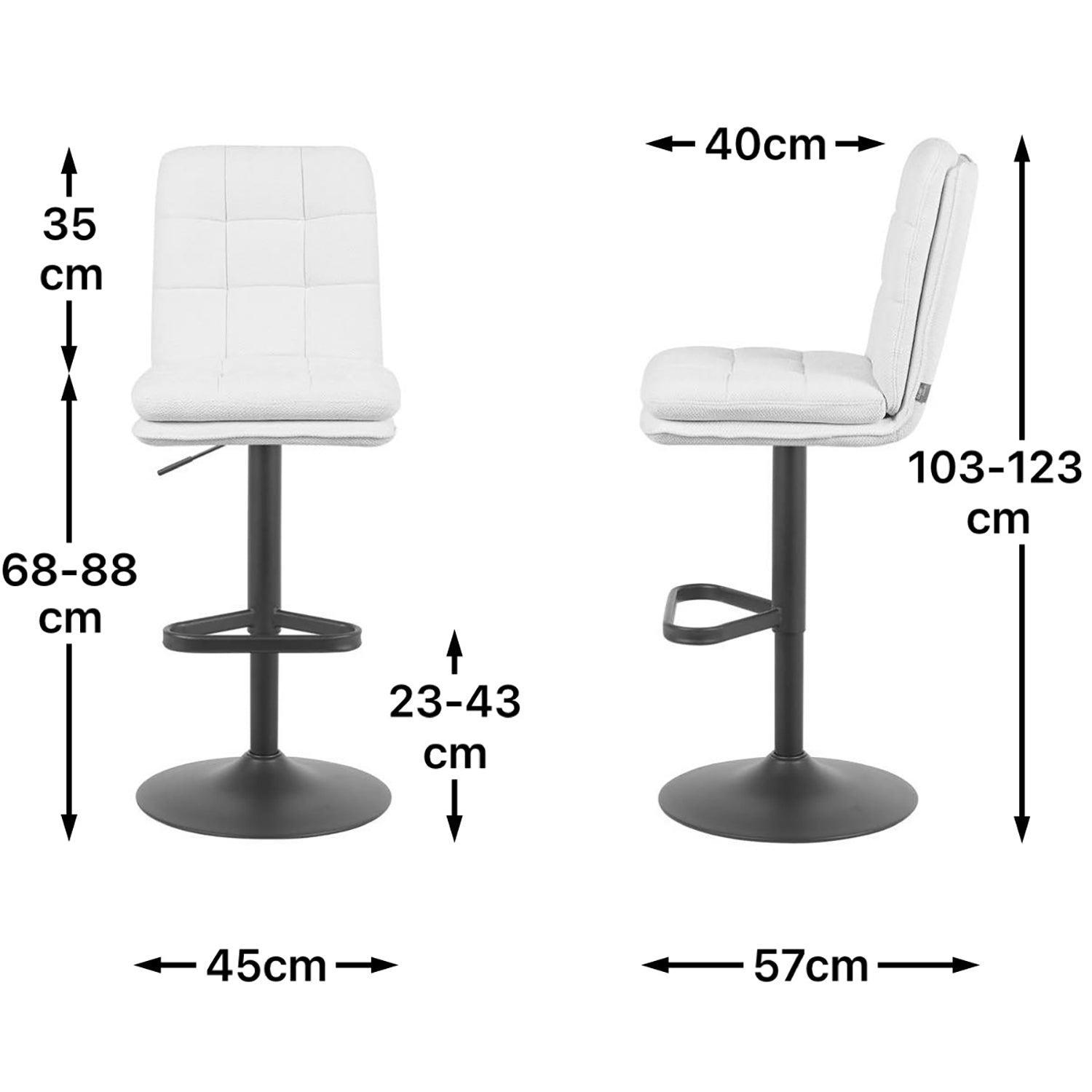 Maßbild für Barhocker Enno 2er-Set | Gestell Matt-Schwarz | drehbar | höhenverstellbar | DUBI Möbel
