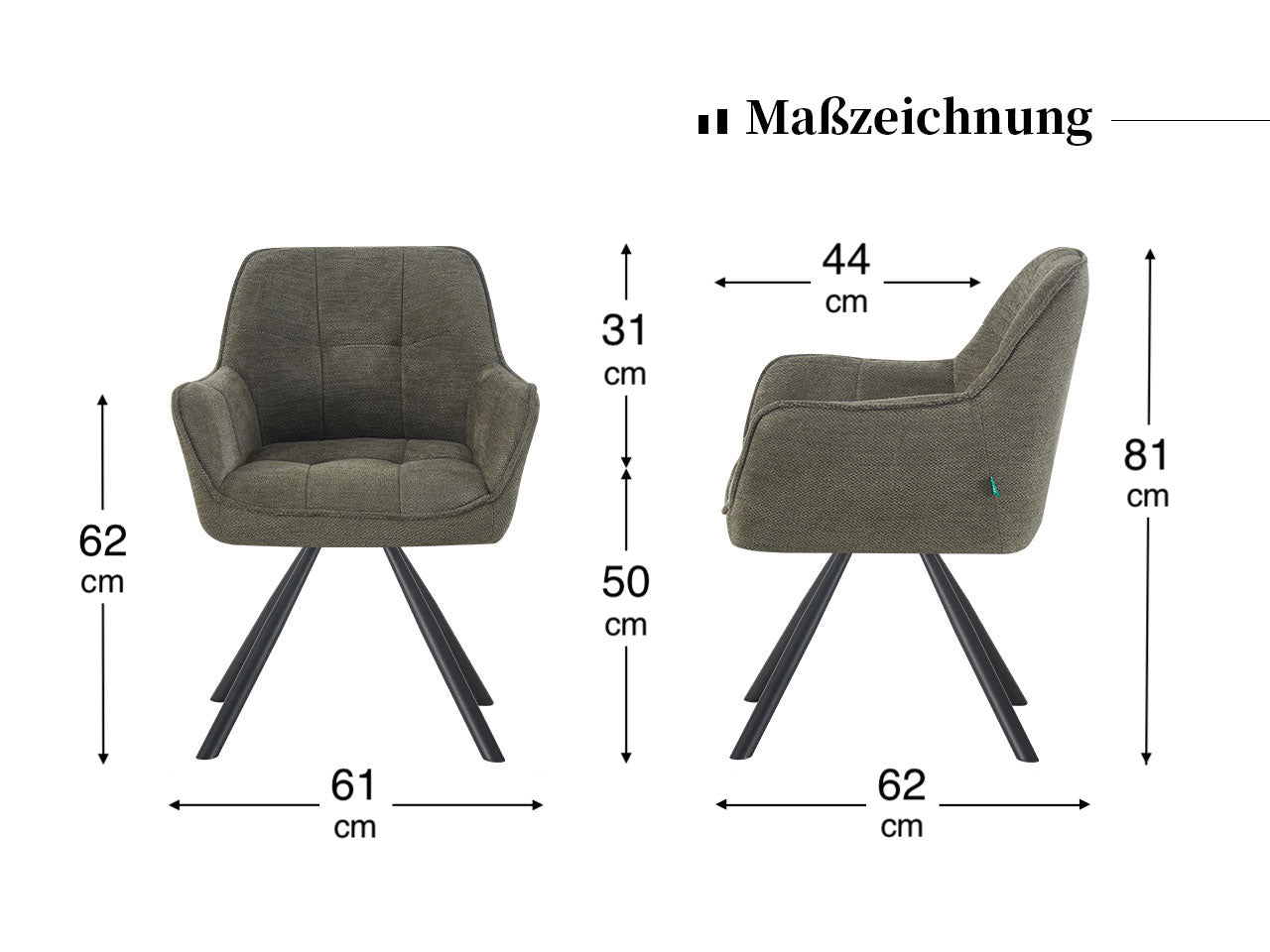 Maßbild für Esszimmerstühle THOMAS-LENI 2er Set | 180° drehbar mit Rückholfunktion | DUBI Möbel