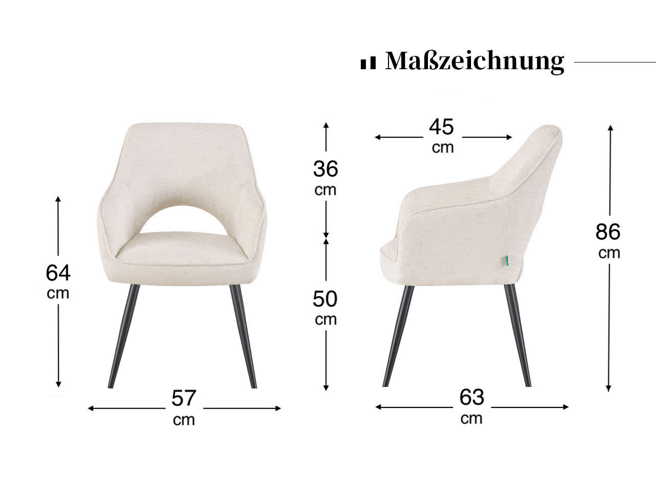 Maßbild für Esszimmerstühle THOMAS-MOMO 2er Set | zeitloser Polsterstuhl mit Metallbeinen | DUBI Möbel