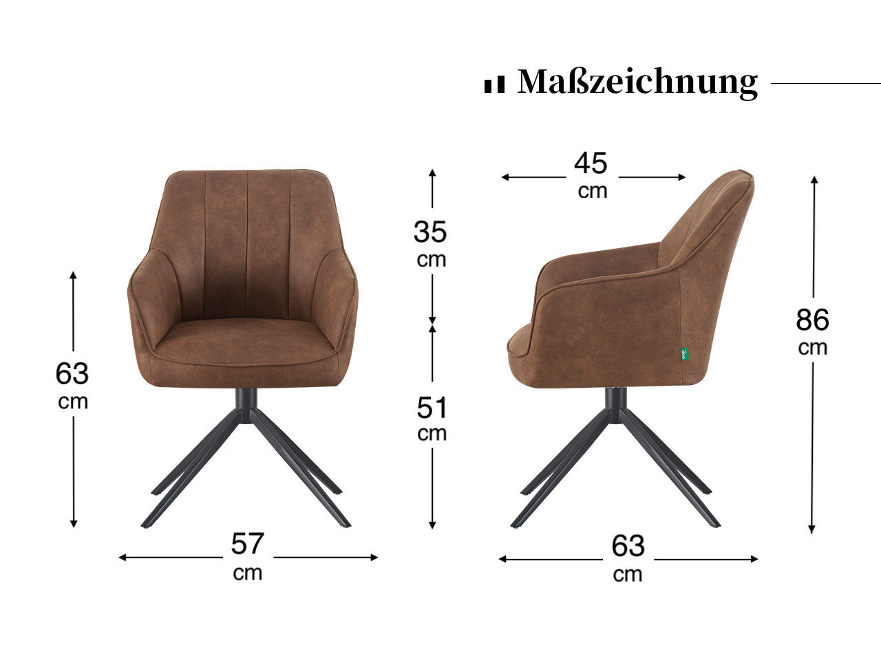Maßbild für Esszimmerstühle THOMAS-VIVI 2er Set | 360° drehbar mit Rückholfunktion| DUBI Möbel