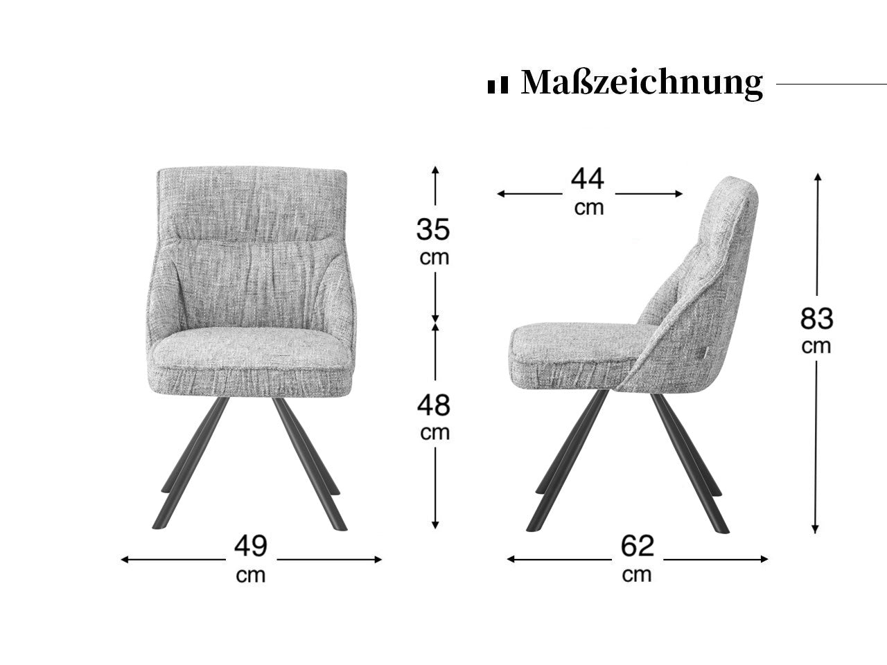 Maßbild für Esszimmerstühle SERINA 2er Set  | 180° drehbar mit Rückholfunktion | DUBI Möbel