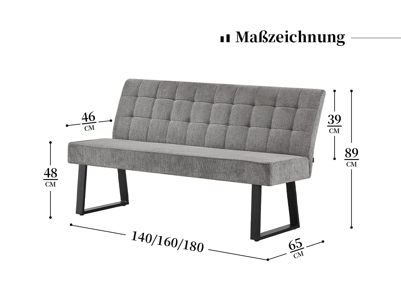 Maßbild für Esszimmerbank EMMA | gepolstert, mit Metallgestell | DUBI Möbel