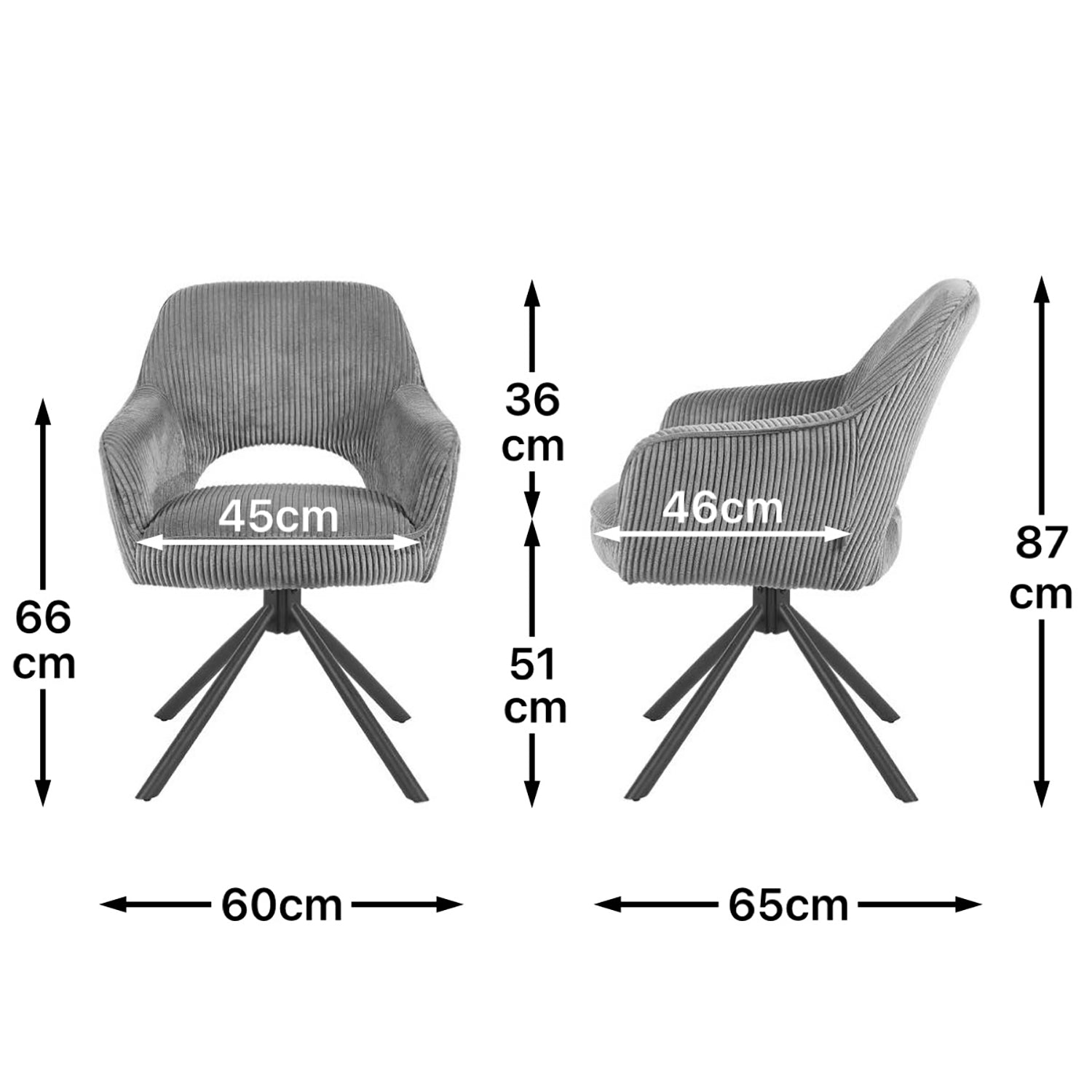 Maßbild für Esszimmerstuhl Mika-Ben 2er-Set | 360° drehbar | Metall pulverbeschichtet Matt Schwarz | DUBI Möbel