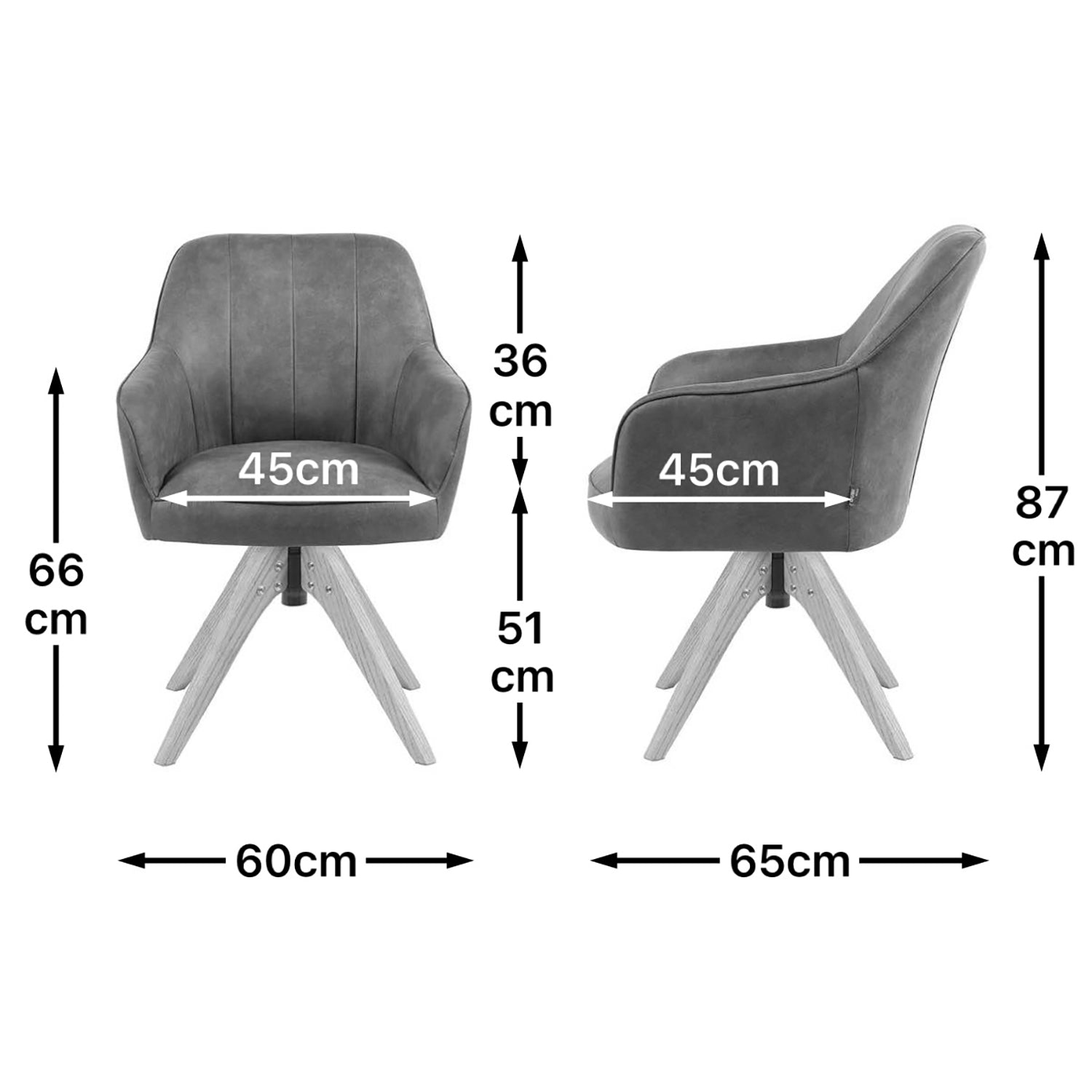 Maßbild für Esszimmerstuhl Mika-Noah 2er-Set |360° drehbar | Eiche geölt Natur | DUBI Möbel