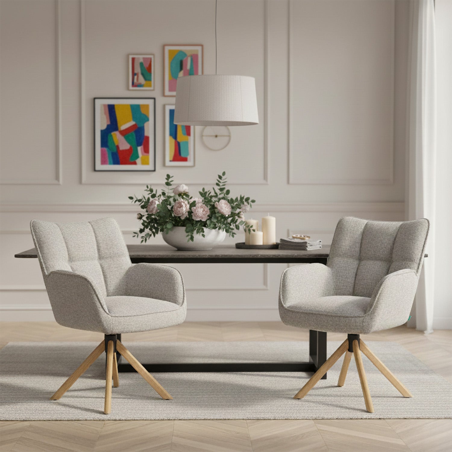 Mika-Ida 2er-Set - Drehsessel mit Federkernpolsterung und Eichenholzgestell