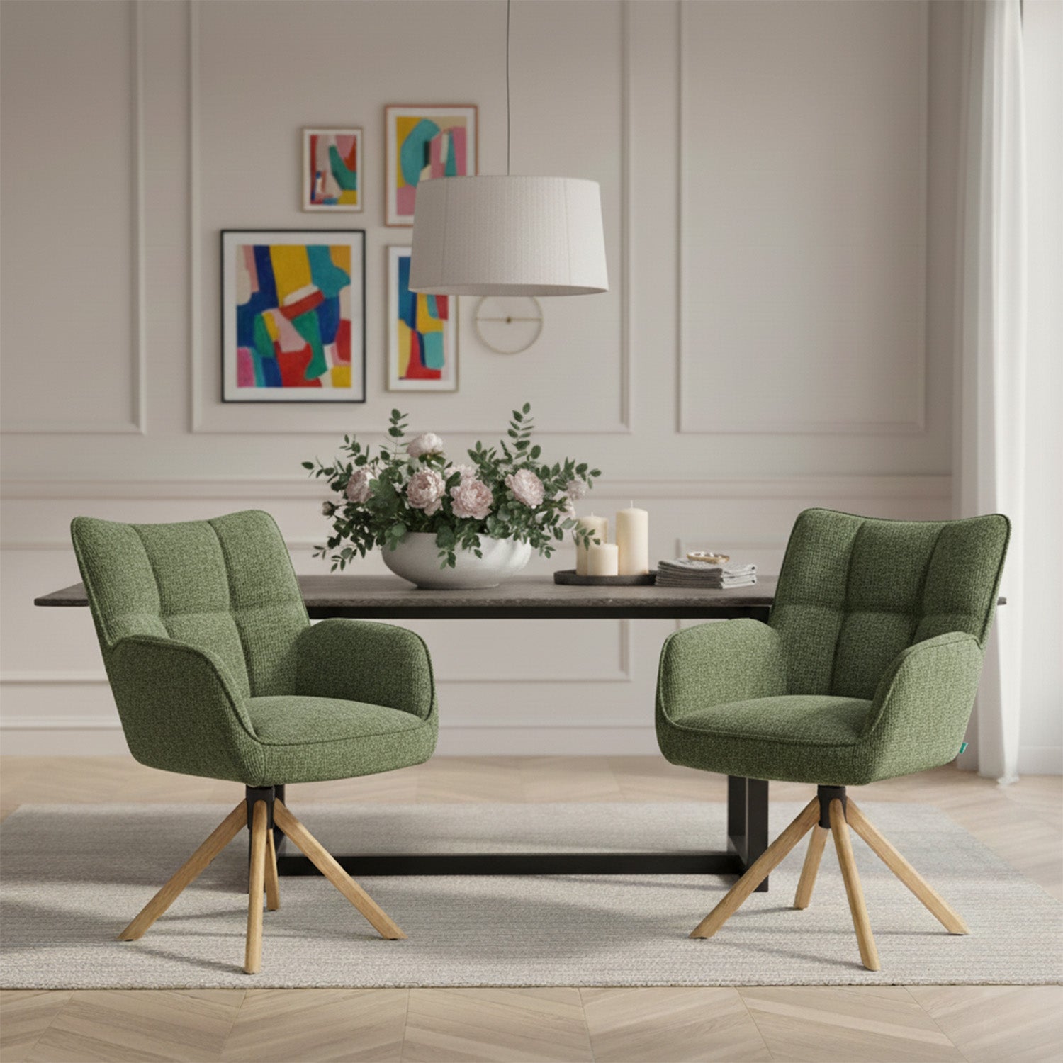 Mika-Ida 2er-Set - Drehsessel mit Federkernpolsterung und Eichenholzgestell