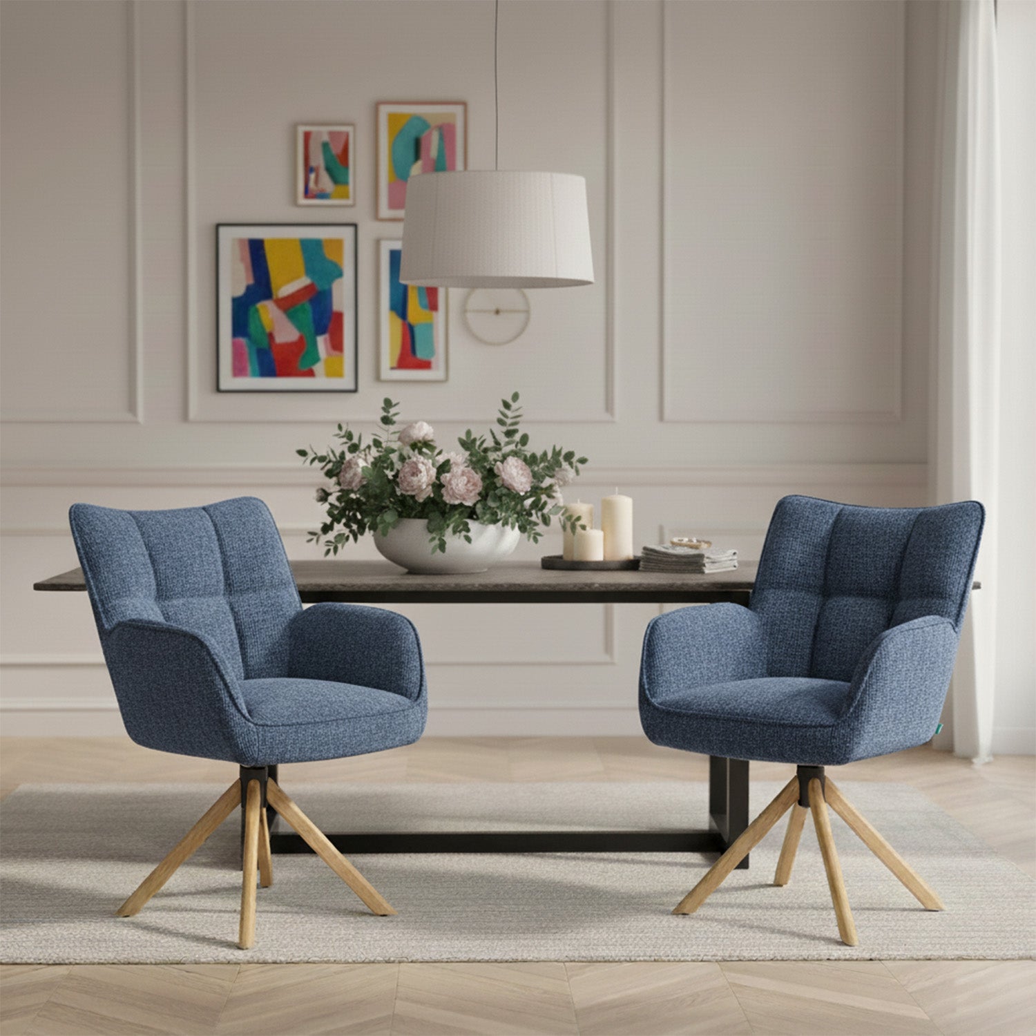 Mika-Ida 2er-Set - Drehsessel mit Federkernpolsterung und Eichenholzgestell