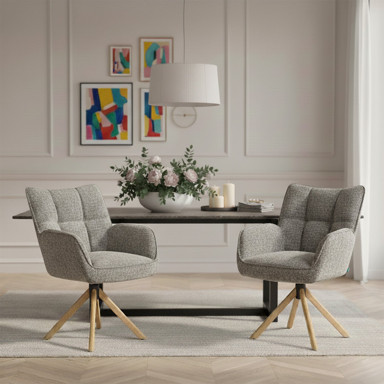 Mika-Ida 2er-Set - Drehsessel mit Federkernpolsterung und Eichenholzgestell