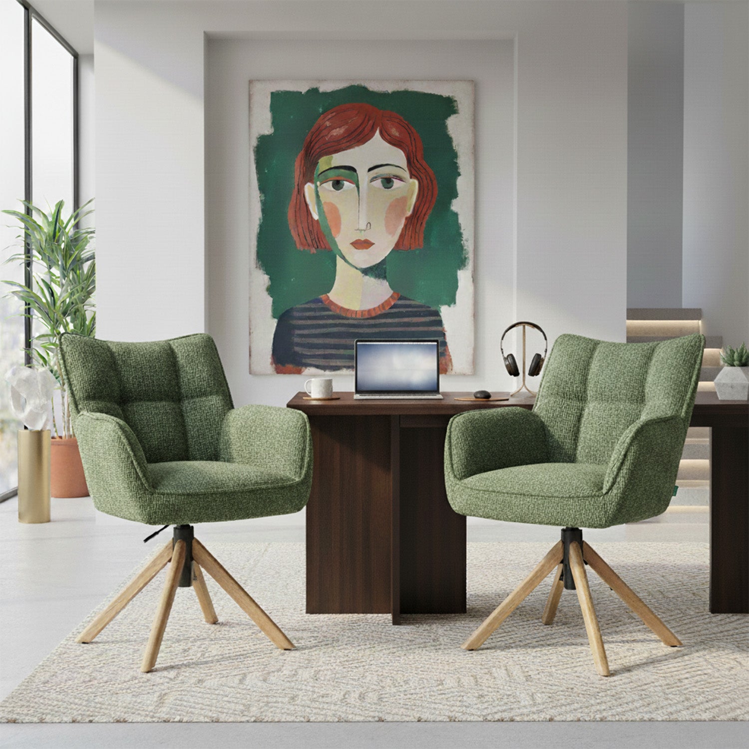 Mika-Ida 2er-Set - Drehsessel mit Federkernpolsterung und Eichenholzgestell