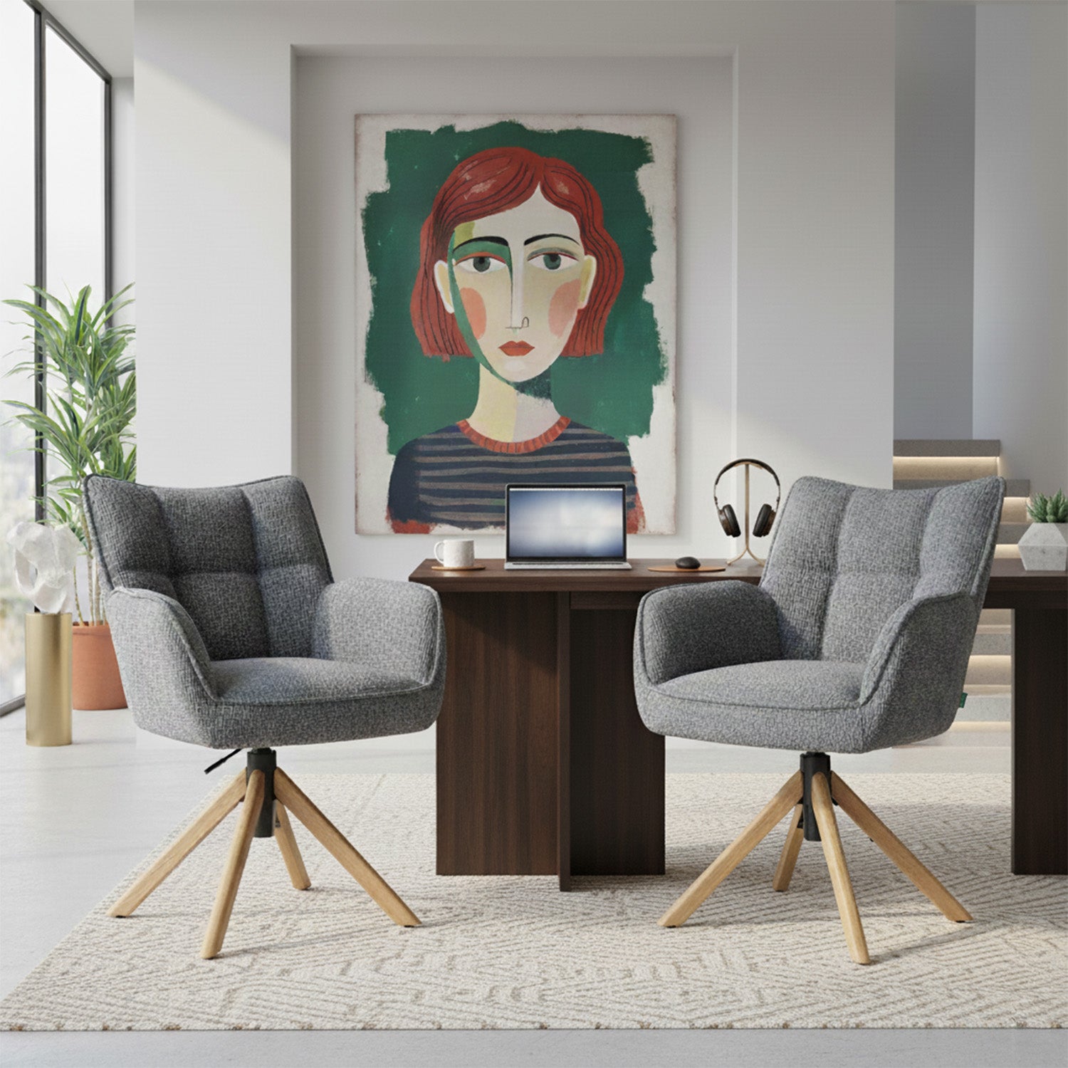 Mika-Ida 2er-Set - Drehsessel mit Federkernpolsterung und Eichenholzgestell