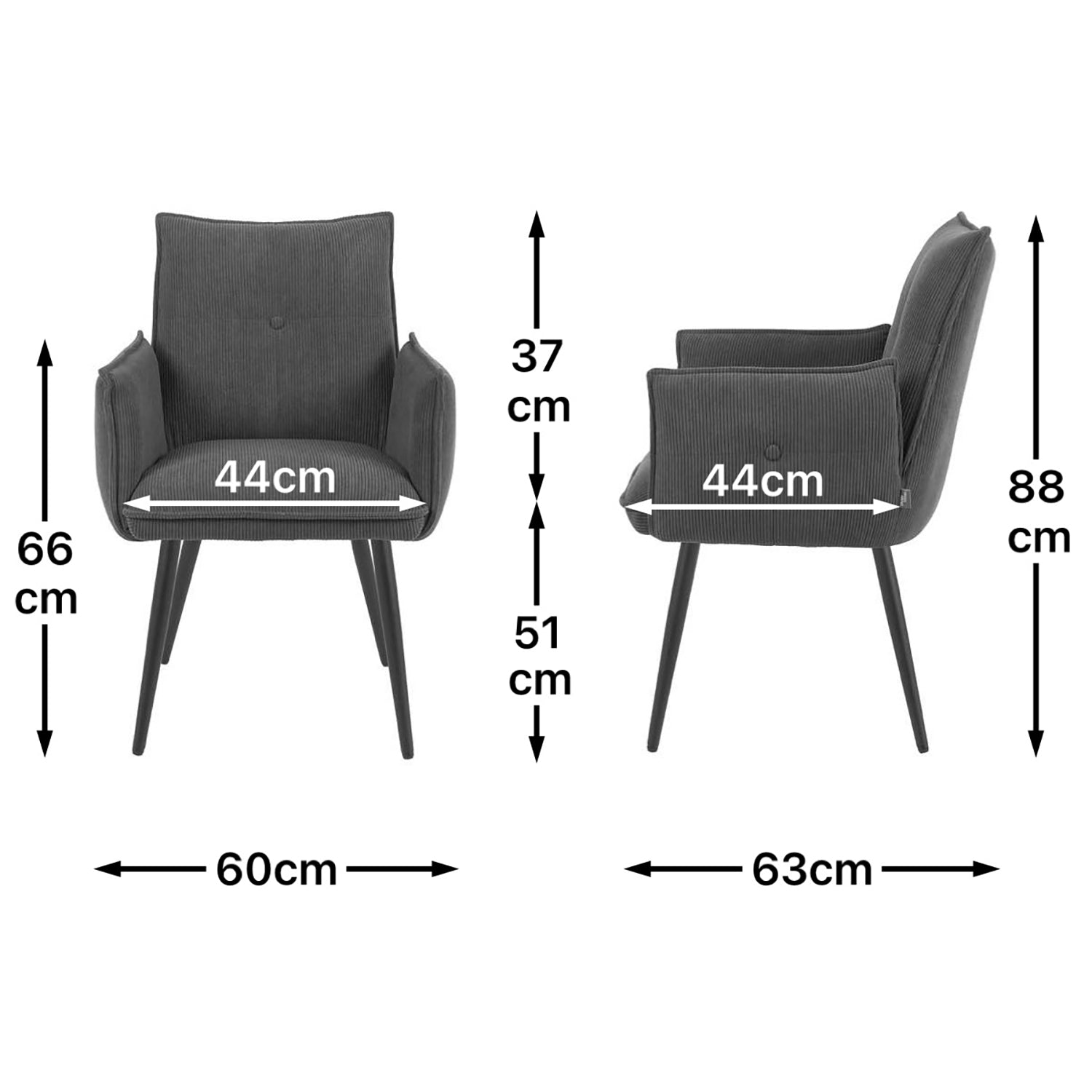 Maßbild für Esszimmerstuhl Mika-Ayla 2er-Set | 4-Fuß Gestell | pulverbeschichtet Matt-Schwarz | DUBI Möbel