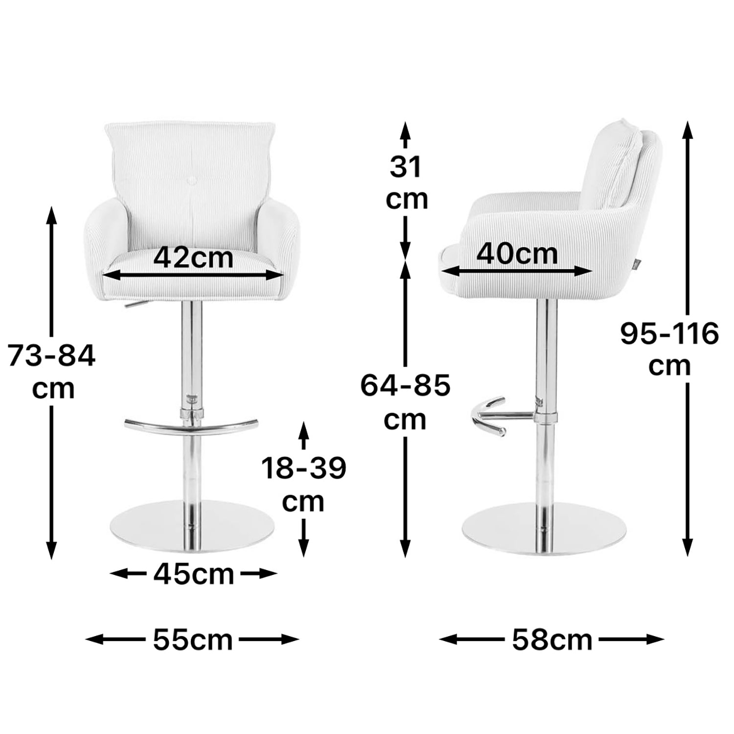 Maßbild für Barhocker Kira 2er-Set | Cord | Chromgestell höhenverstellbar | drehbar | DUBI Möbel