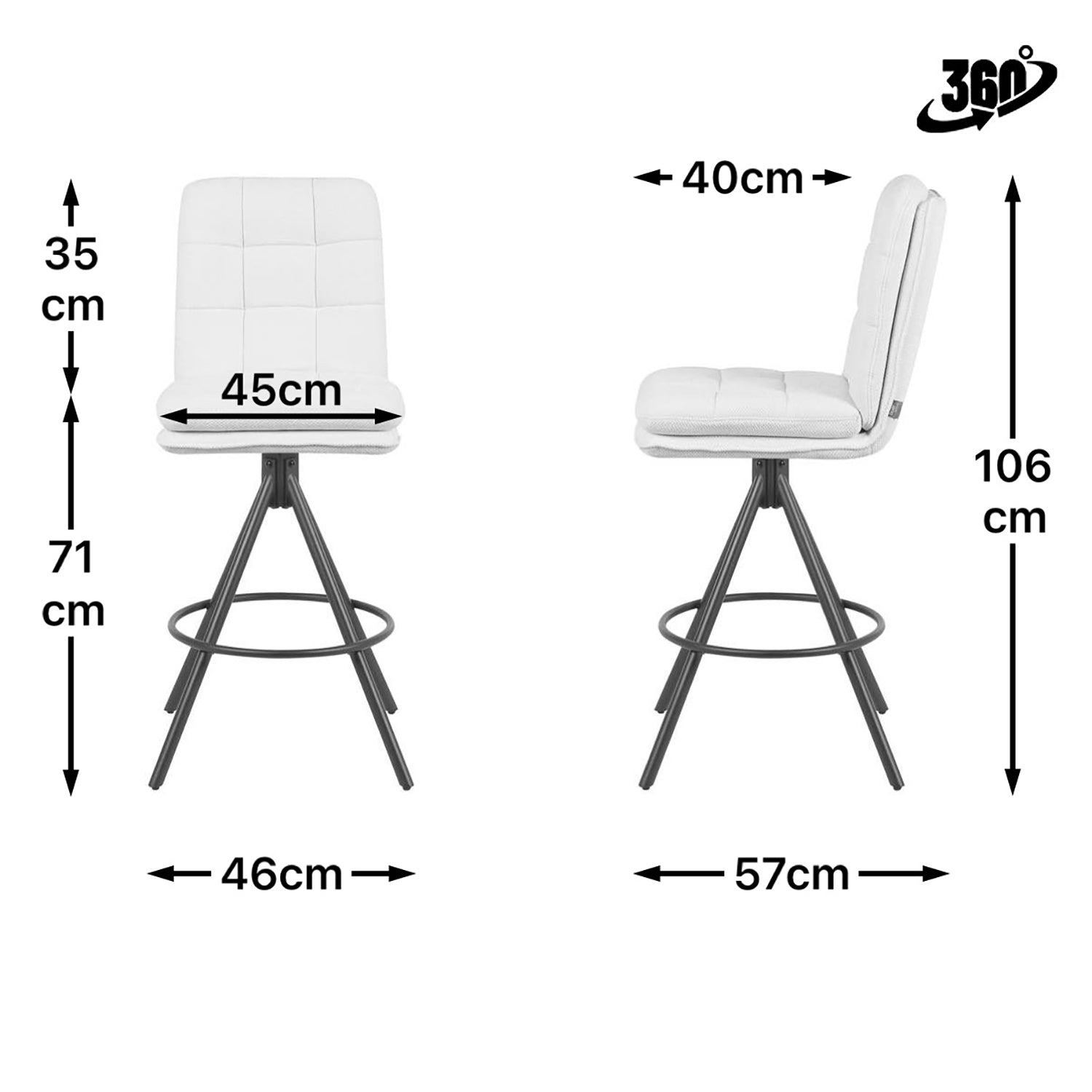 Maßbild für Barhocker Tayo 2er-Set | Gestell Matt-Schwarz | drehbar | DUBI Möbel