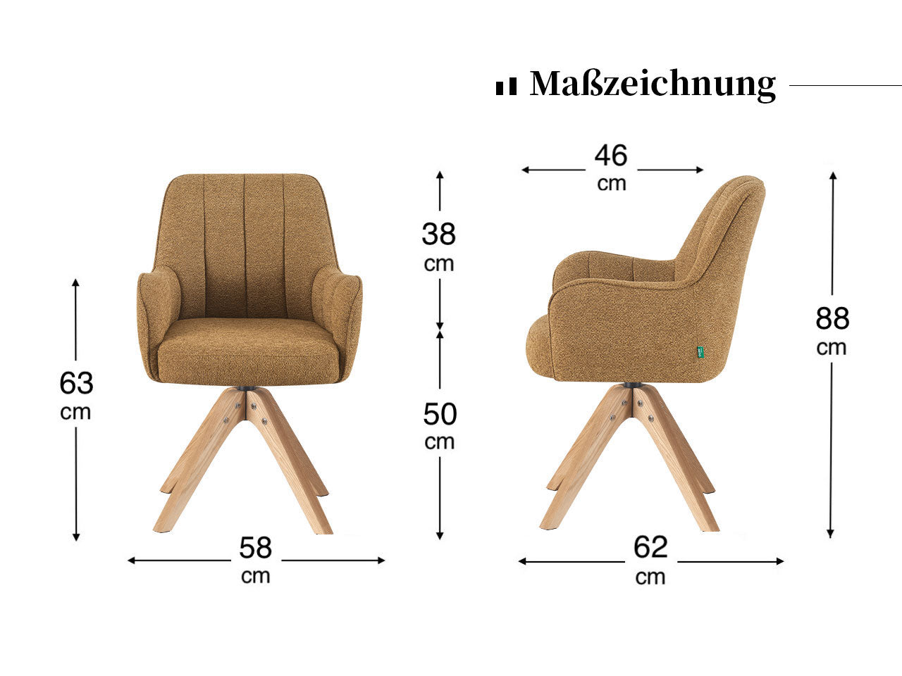 Maßbild für RETOURENRÜCKLÄUFER Esszimmerstuhl Thomas | 360° drehbar | Massivholzgestell  |Gelb| DUBI Möbel